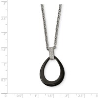 Stainless Steel Polished Black Ceramic Teardrop Necklace with CZ, 22" view 4