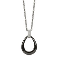 Stainless Steel Polished Black Ceramic Teardrop Necklace with CZ, 22" view 1