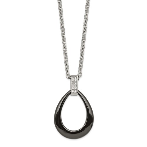 Stainless Steel Polished Black Ceramic Teardrop Necklace with CZ, 22"