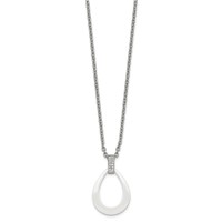 Stainless Steel Polished White Ceramic Teardrop Necklace with CZ, 22" view 3