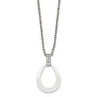 Stainless Steel Polished White Ceramic Teardrop Necklace with CZ, 22" view 1