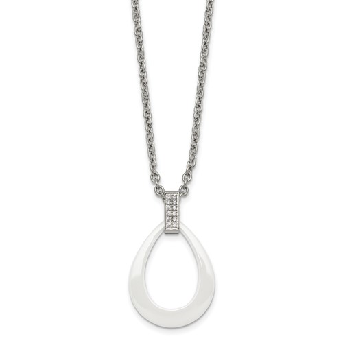 Stainless Steel Polished White Ceramic Teardrop Necklace with CZ, 22"