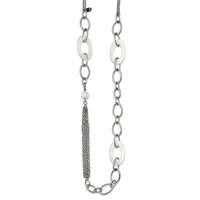 Stainless Steel Polished Necklace with White Cat's Eye Slip-on, 38" view 2