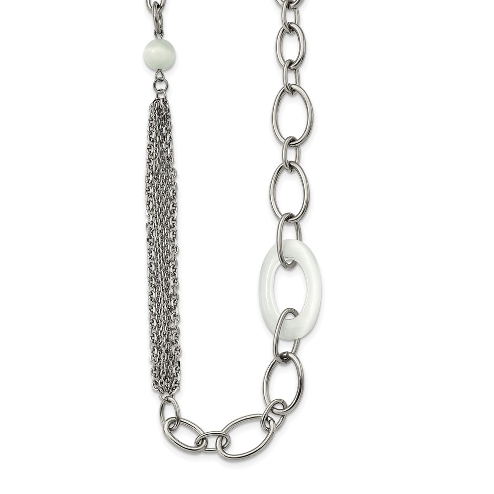 Stainless Steel Polished Necklace with White Cat's Eye Slip-on, 38"
