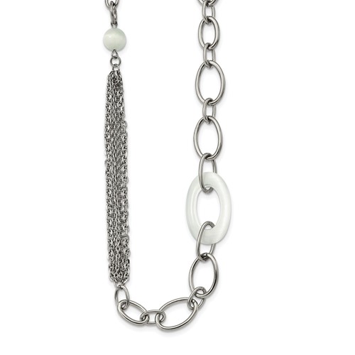 Stainless Steel Polished Necklace with White Cat's Eye Slip-on, 38"