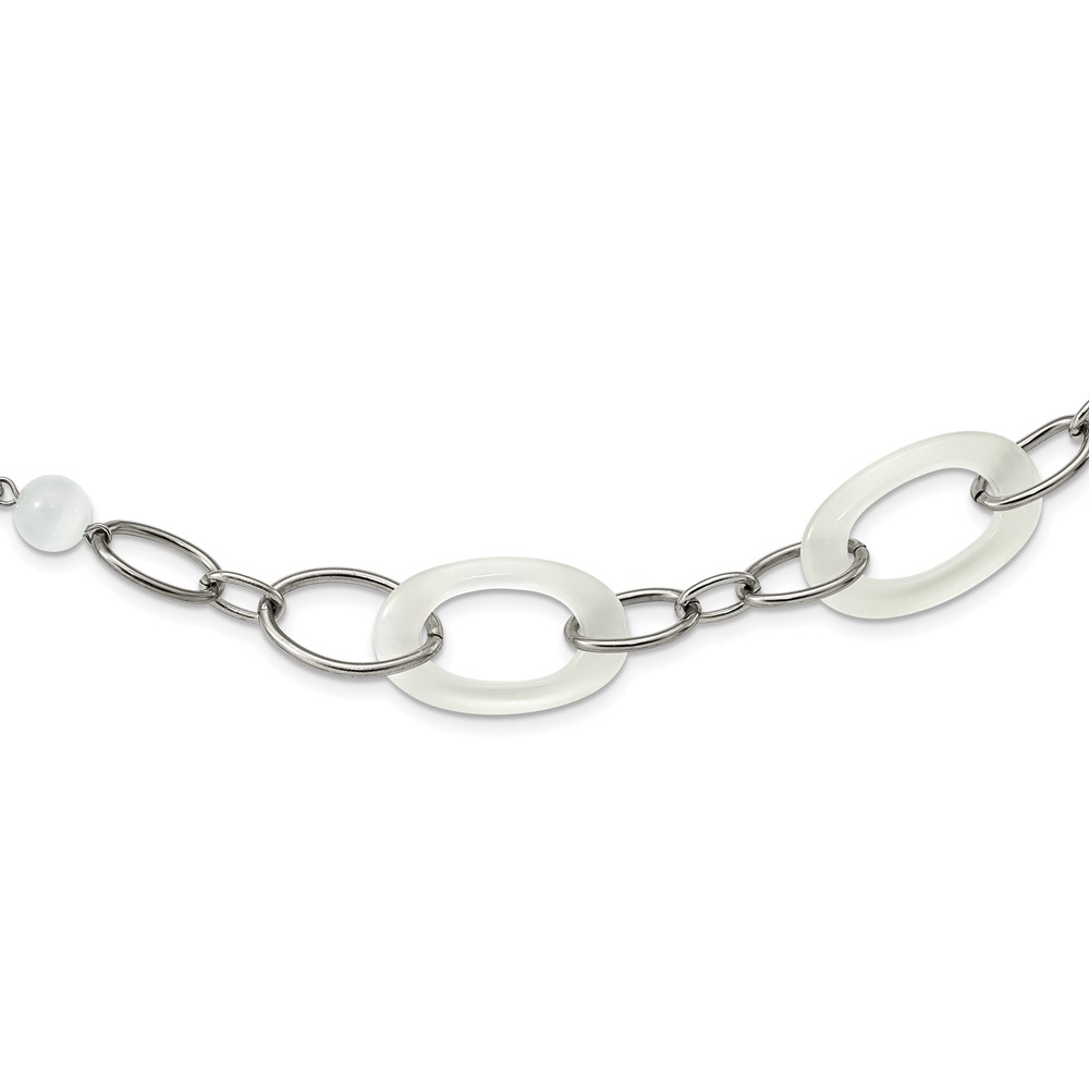 Stainless Steel Polished White Cat's Eye Necklace with 2in Ext, 16"
