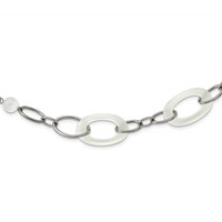 Stainless Steel Polished White Cat's Eye Necklace with 2in Ext, 16" view 1