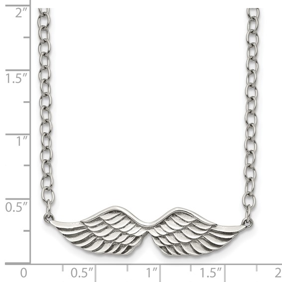 Stainless Steel Polished and Textured Angel Wings 16in w/2in ext Necklace