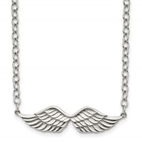 Stainless Steel Polished and Textured Angel Wings Necklace with 2in Ext, 16" view 1