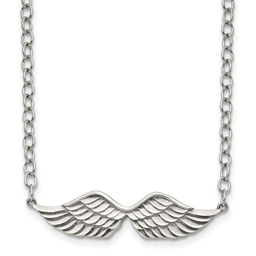 Stainless Steel Polished and Textured Angel Wings Necklace with 2in Ext, 16"