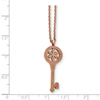 Stainless Steel Polished Rose IP-plated Laser-cut Floral Key Necklace, 18" view 3