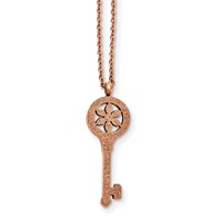 Stainless Steel Polished Rose IP-plated Laser-cut Floral Key Necklace, 18" view 1