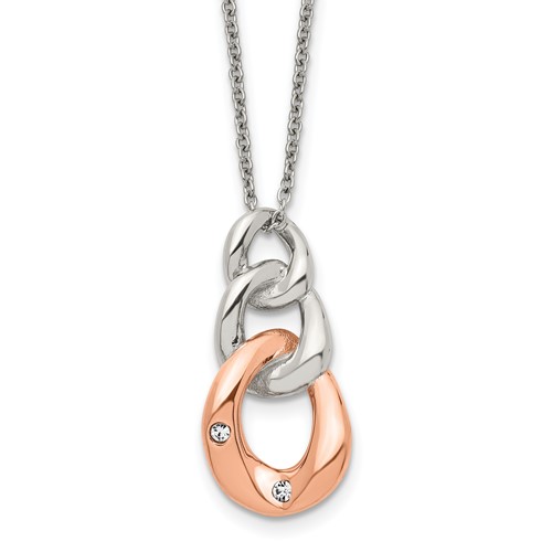 Stainless Steel Polished Rose IP-plated Necklace with Crystal Three Loop, 18"