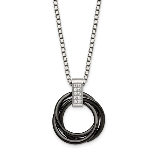 Stainless Steel Polished Black Ceramic Multi Circles Necklace with CZ, 22"