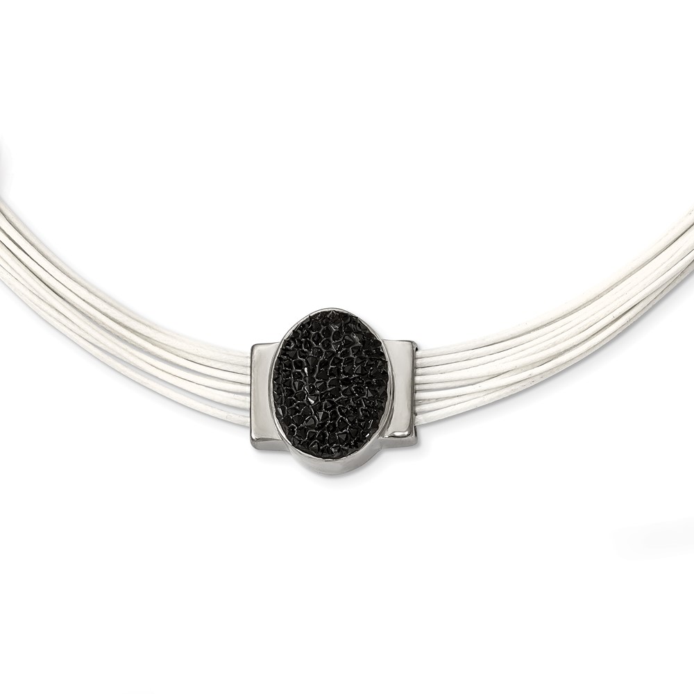 Stainless Steel 18+ Ext Cotton Cord Polished Blk Crystal Necklace, 2"