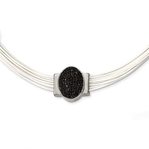 Stainless Steel 18+ Ext Cotton Cord Polished Blk Crystal Necklace, 2"