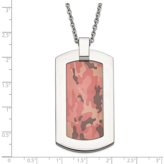 Stainless Steel Polished Printed Pink Camo Under Clear Rubber Necklace