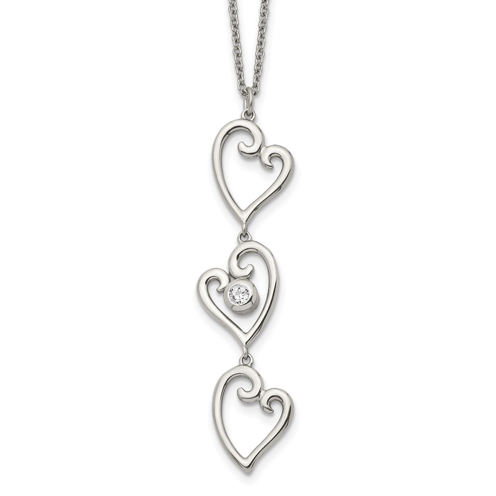 Stainless Steel Polished Necklace with CZ Dangle Hearts with 2in Ext, 16"