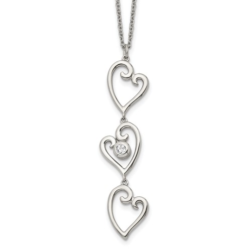 Stainless Steel Polished Necklace with CZ Dangle Hearts with 2in Ext, 16"