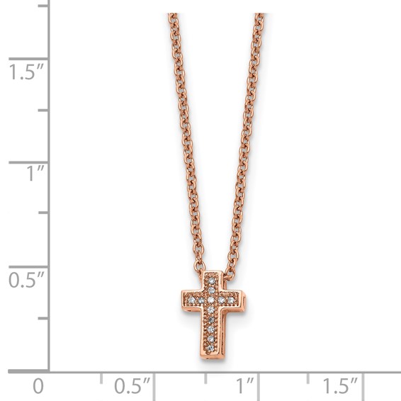 Stainless Steel Polished Rose IP-plated w/CZ Cross w/2in ext Necklace