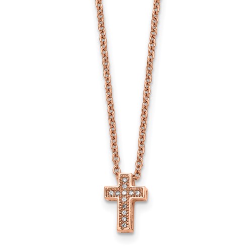 Stainless Steel Polished Rose IP-plated Necklace with CZ Cross with Ext, 2"