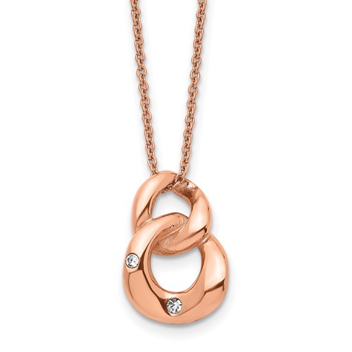 Stainless Steel Polished Rose IP-plated Necklace with Crystal Two Loop, 18"