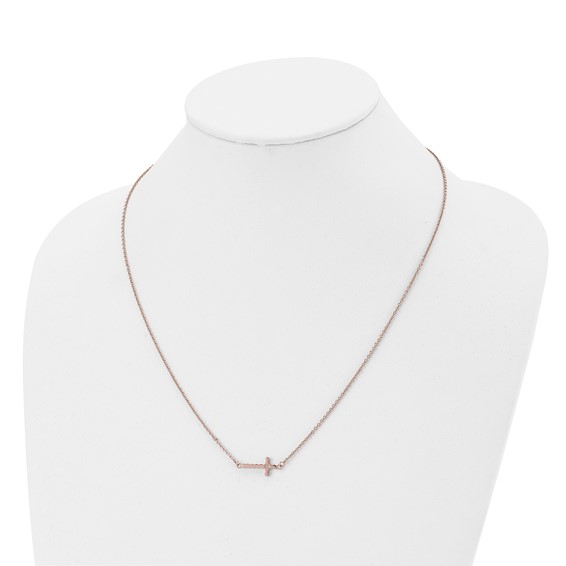 Chisel Stainless Steel Polished Rose IP-plated with CZ Sideways Cross on a 21.25 inch with 4.25in extension Cable Chain Necklace
