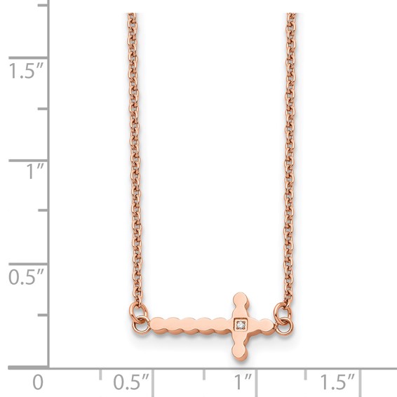 Chisel Stainless Steel Polished Rose IP-plated with CZ Sideways Cross on a 21.25 inch with 4.25in extension Cable Chain Necklace