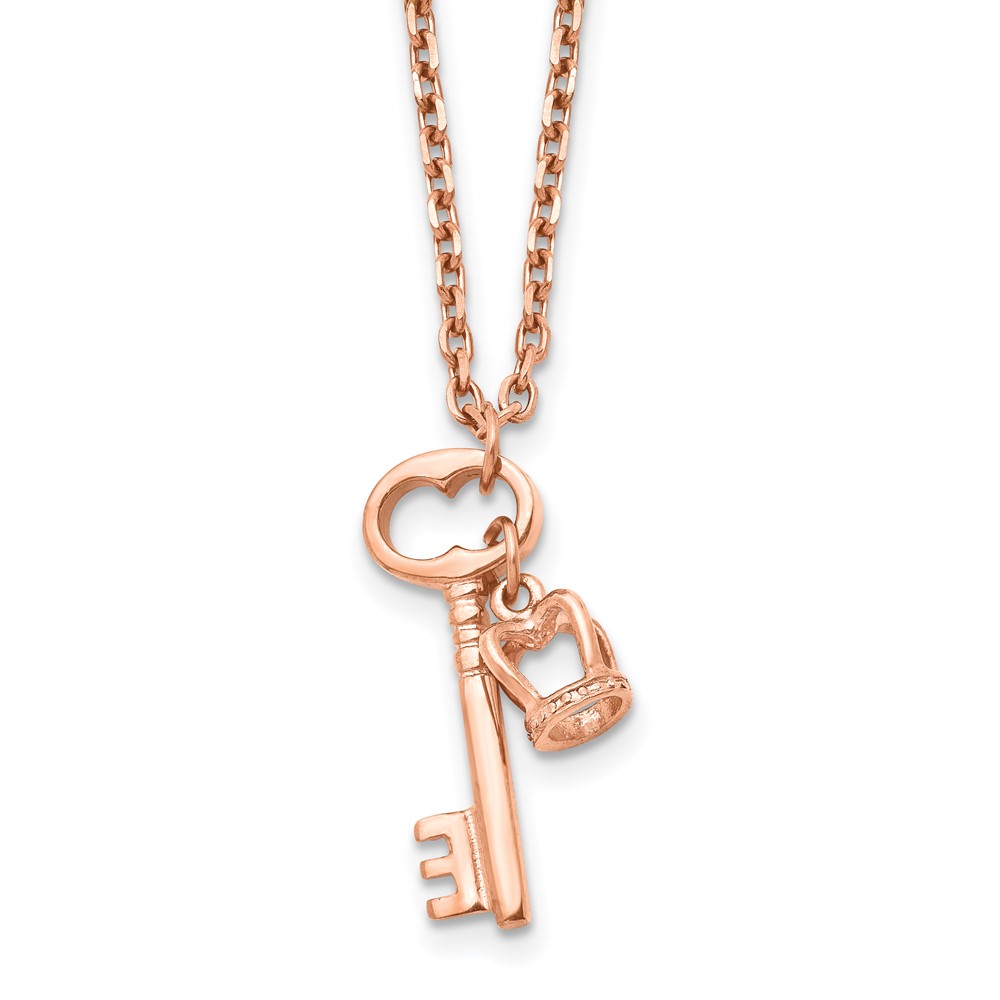 Stainless Steel Polished Rose IP Key & Crown 15.5in w/2 in ext Necklace