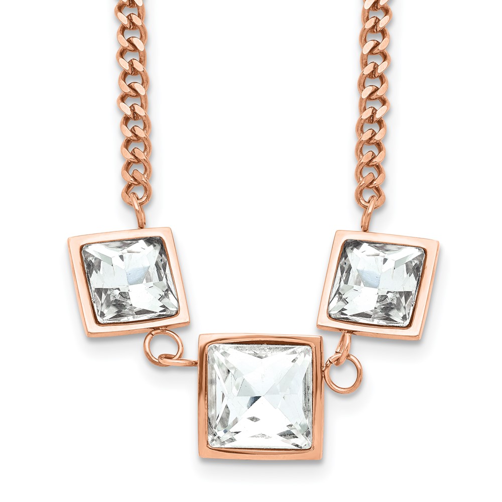 Stainless Steel Polished Rose IP Necklace with Glass with 2.5in Ext, 16.5"