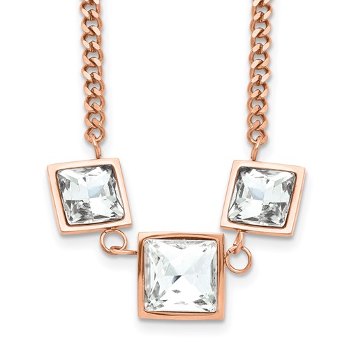 Stainless Steel Polished Rose IP Necklace with Glass with 2.5in Ext, 16.5"