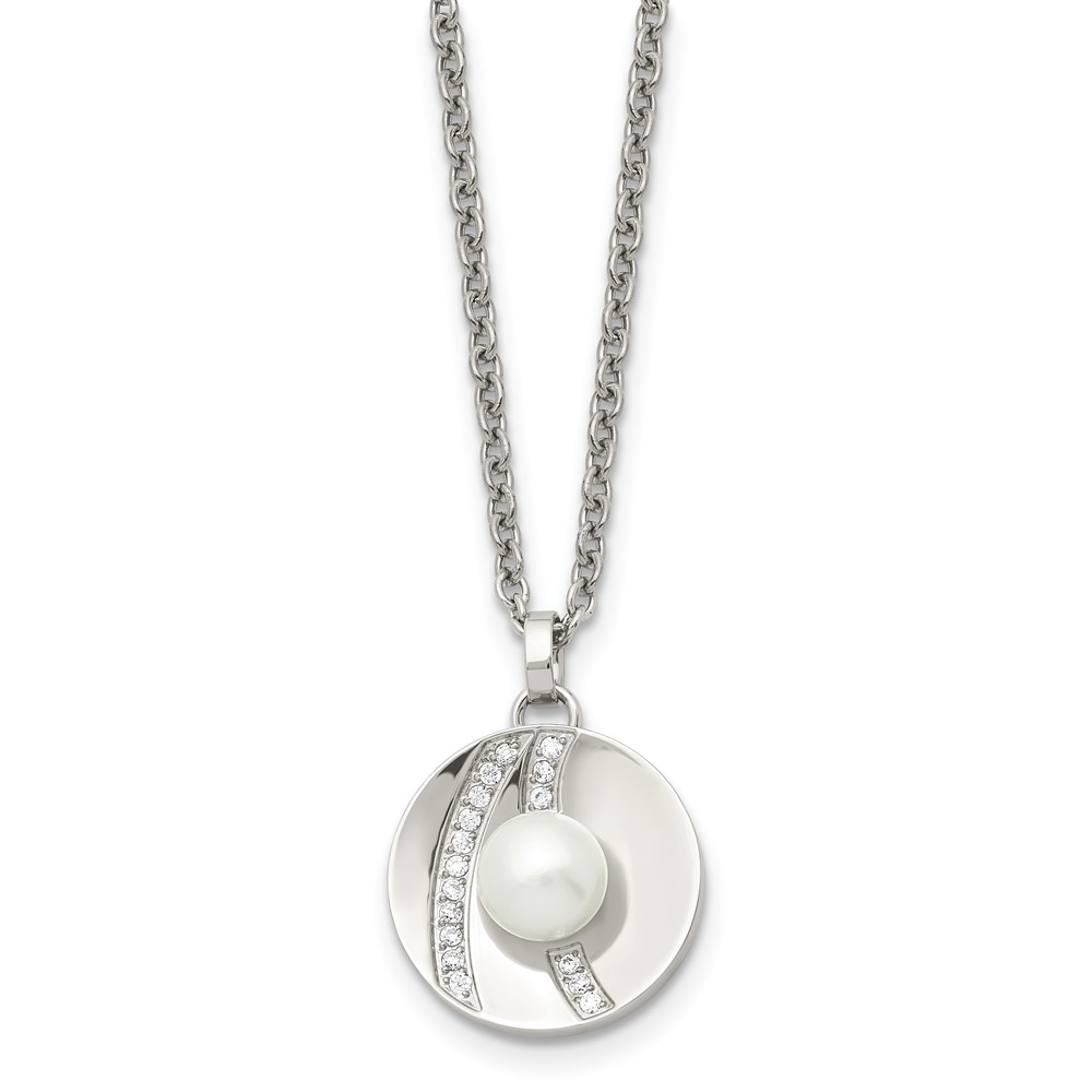 Stainless Steel Polished CZ and Freshwater Cultured Pearl 22in Necklace