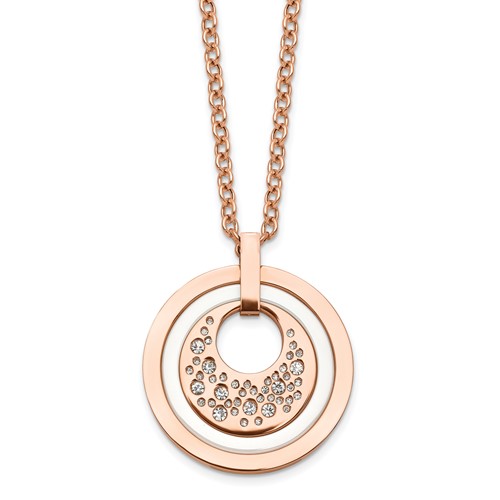 Stainless Steel Polished Rose IP Crystal & Ceramic Necklace with Ext, 2"