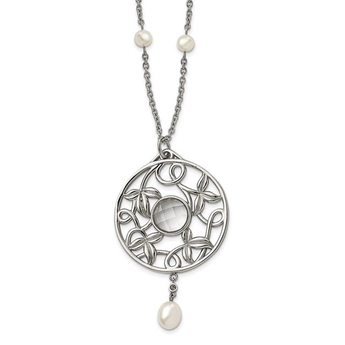 Stainless Steel Polished Fwc Pearl & CZ & Glass Necklace with 2in Ext, 30"
