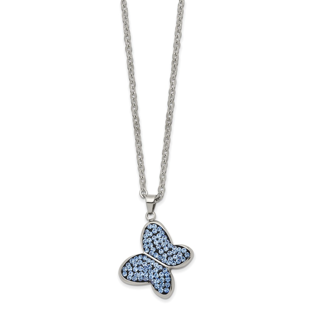 Stainless Steel Polished Blue Crystal Butterfly 22in Necklace