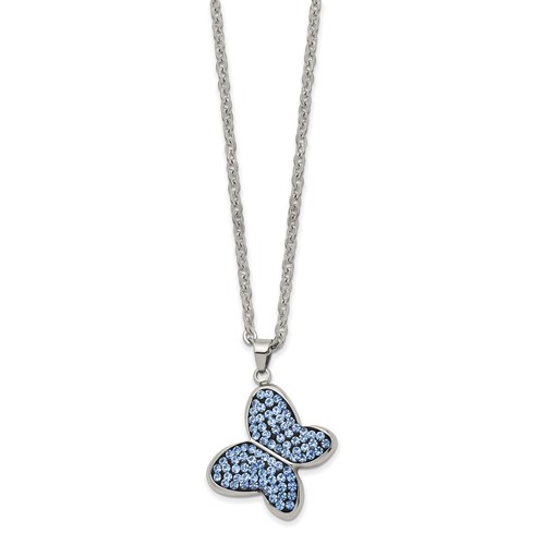 Chisel Stainless Steel Polished Blue Crystal Butterfly Pendant on a Cable Chain Necklace, 22"