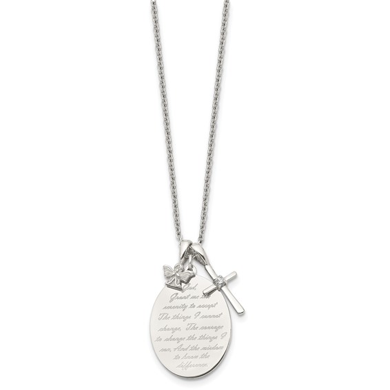 Chisel Stainless Steel Polished French Serenity Prayer with CZ Cross and Angel Pendants on an 18 inch Plus a 2 inch Extension Cable Chain Necklace