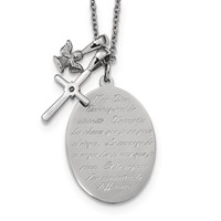 Chisel Stainless Steel Polished French Serenity Prayer Necklace with CZ Cross and Angel Pendants on an Plus a 2 Inch Extension Cable Chain, 18" view 4