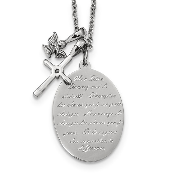 Chisel Stainless Steel Polished French Serenity Prayer with CZ Cross and Angel Pendants on an 18 inch Plus a 2 inch Extension Cable Chain Necklace