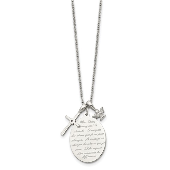 Chisel Stainless Steel Polished French Serenity Prayer with CZ Cross and Angel Pendants on an 18 inch Plus a 2 inch Extension Cable Chain Necklace