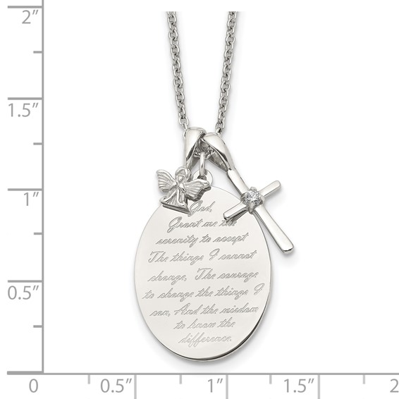 Chisel Stainless Steel Polished French Serenity Prayer with CZ Cross and Angel Pendants on an 18 inch Plus a 2 inch Extension Cable Chain Necklace