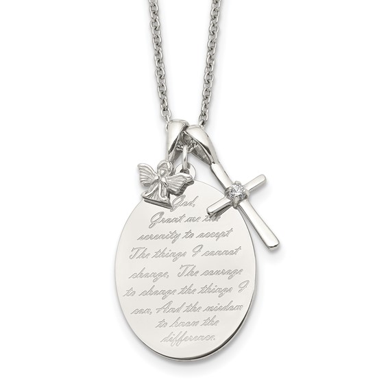 Chisel Stainless Steel Polished French Serenity Prayer with CZ Cross and Angel Pendants on an 18 inch Plus a 2 inch Extension Cable Chain Necklace