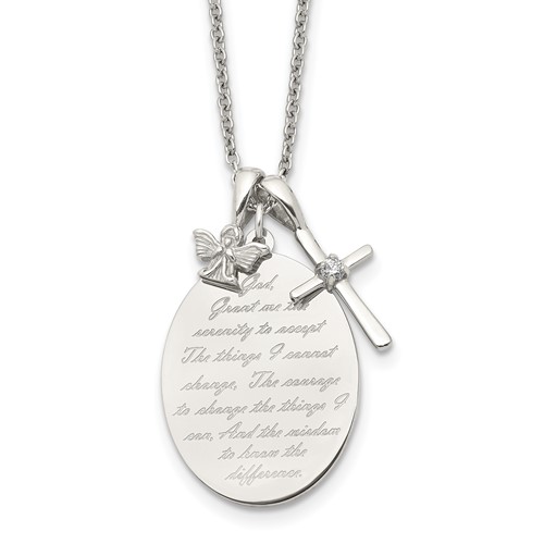 Chisel Stainless Steel Polished French Serenity Prayer Necklace with CZ Cross and Angel Pendants on an Plus a 2 Inch Extension Cable Chain, 18"
