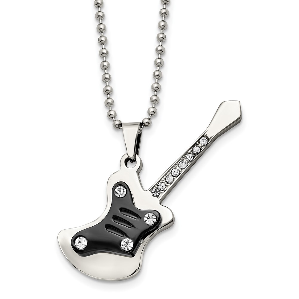 Stainless Steel 24in Polished Black IP-plated w/ Crystal Guitar Necklace