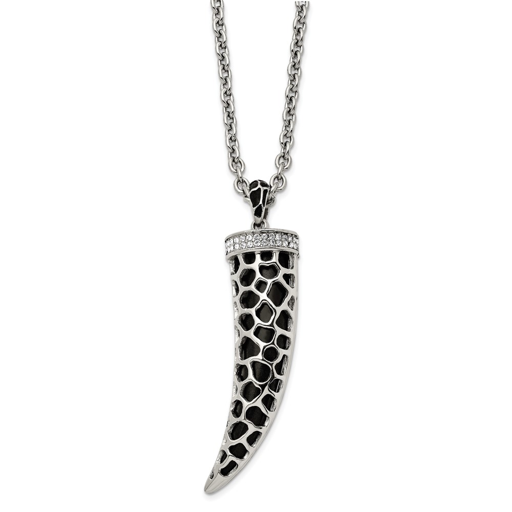 Stainless Steel 28in Polished Enamel w/Black Glass & Crystal Horn Necklace