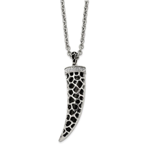 Stainless Steel Polished Enamel Necklace with Black Glass & Crystal Horn, 28"