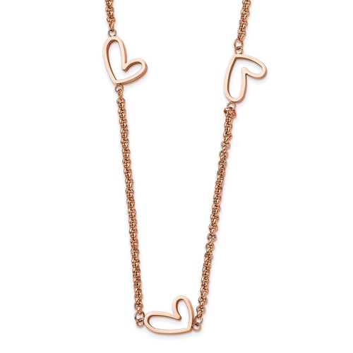 Stainless Steel Polished Rose IP-Plated Hearts Necklace, 38"