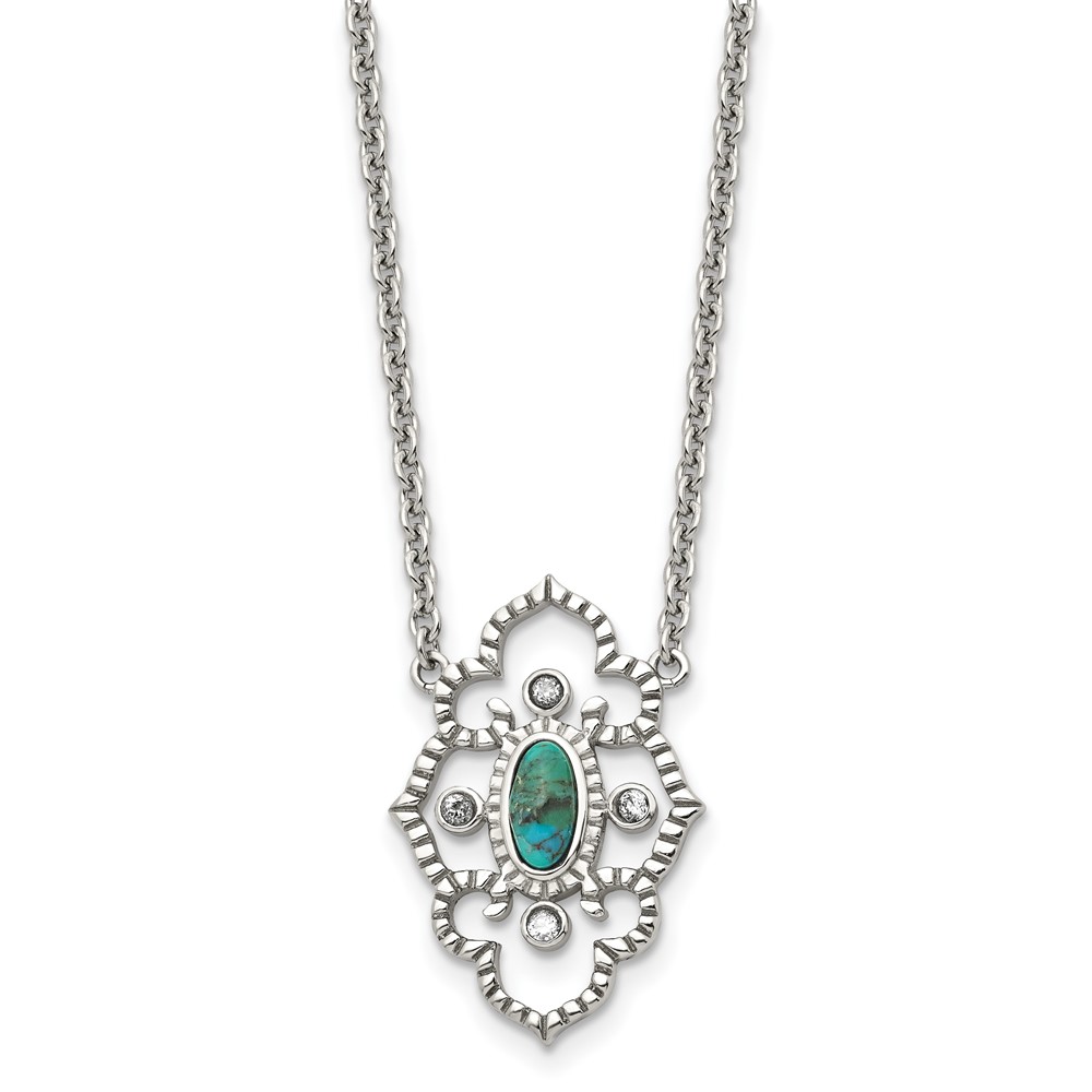 Stainless Steel Polished CZ and Imitation Turquoise Necklace with Ext, 2"