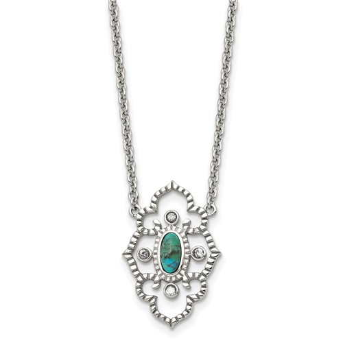 Stainless Steel Polished CZ and Imitation Turquoise Necklace with Ext, 2"