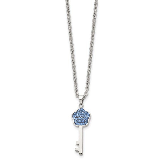 Stainless Steel Polished Blue Crystal Flower Key18 inch Necklace